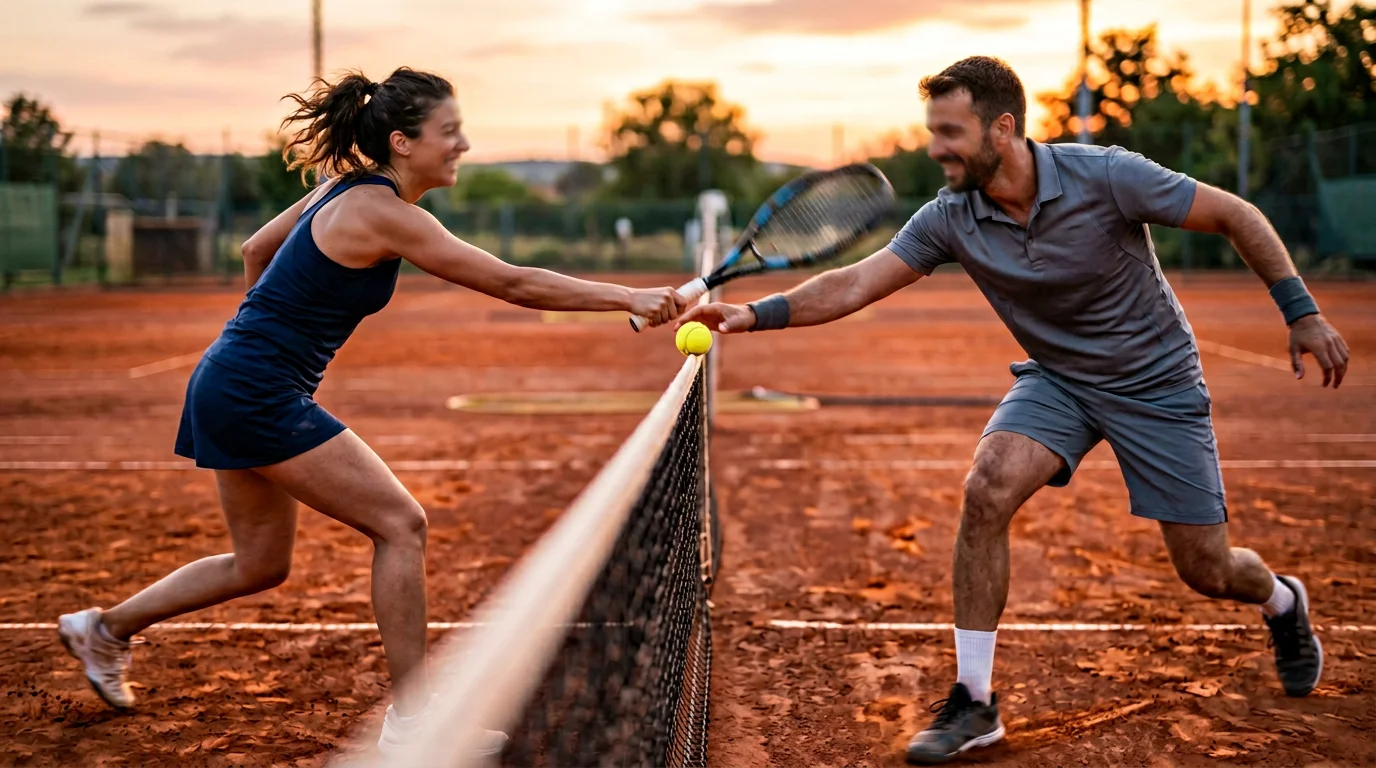 Spielszene am Tennisnetz bei Sonnenuntergang, Ball auf dem Netzband, dynamische Stimmung