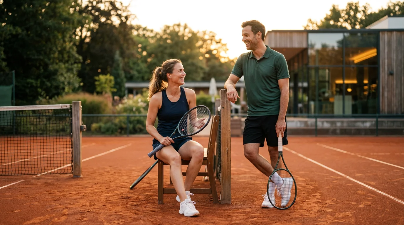 Zwei Personen auf dem Tennisplatz im Gespräch, Fokus auf respektvolles Kennenlernen
